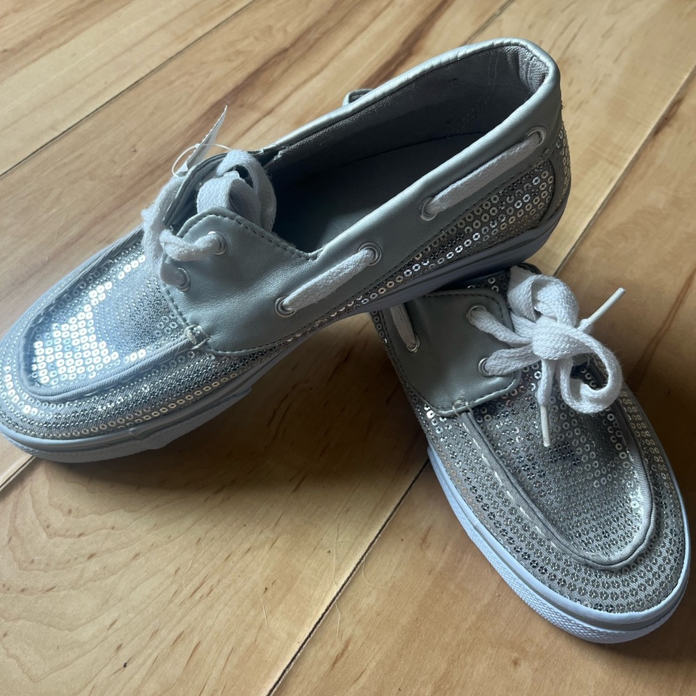 Silver Boat Shoes with Shimmery Finish and White Laces girls size 5